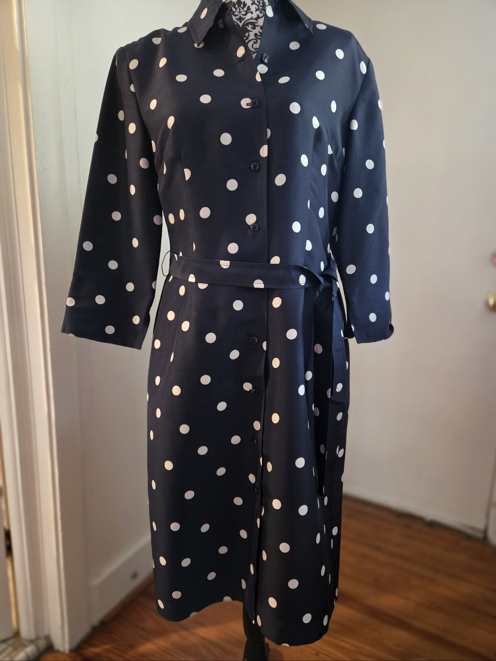 Sara Campbell Navy Blue And White Silk Polka Dot Dress Size 10